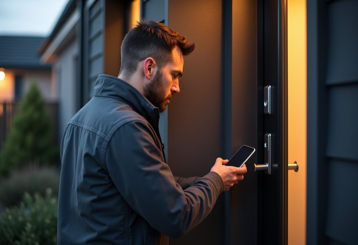 Keypad smart lock being installed on a modern front door — Bella Vista